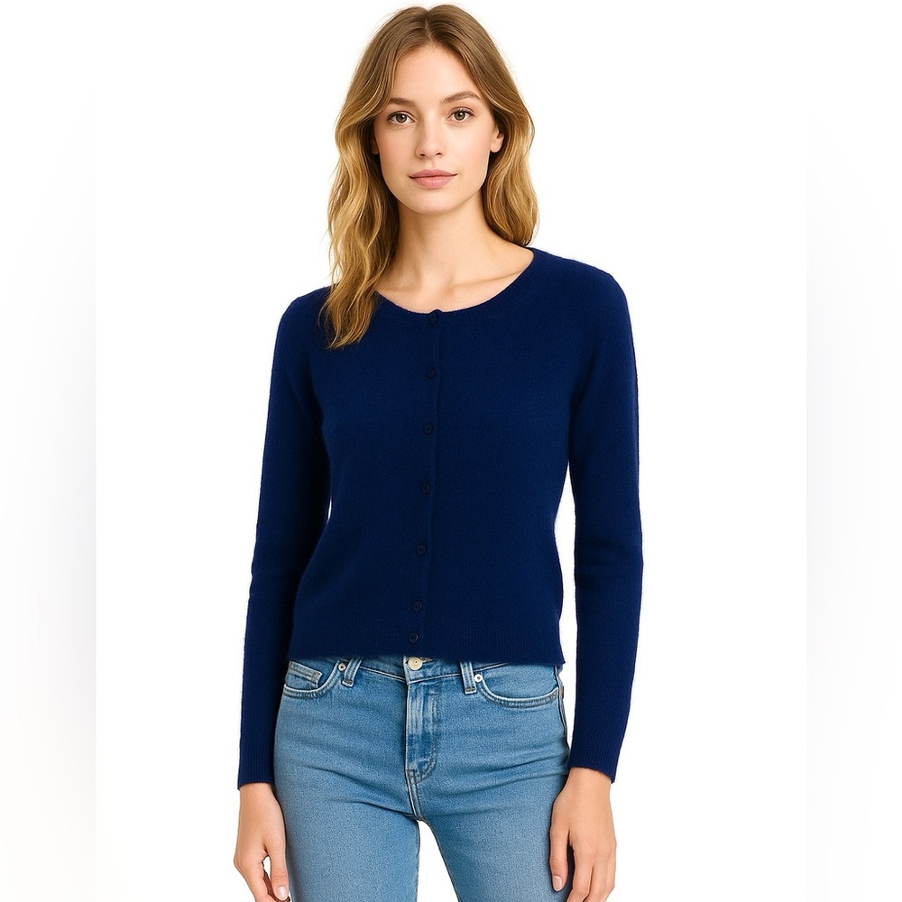 Navy Blue Wool Blend Button Front Cardigan Sweater